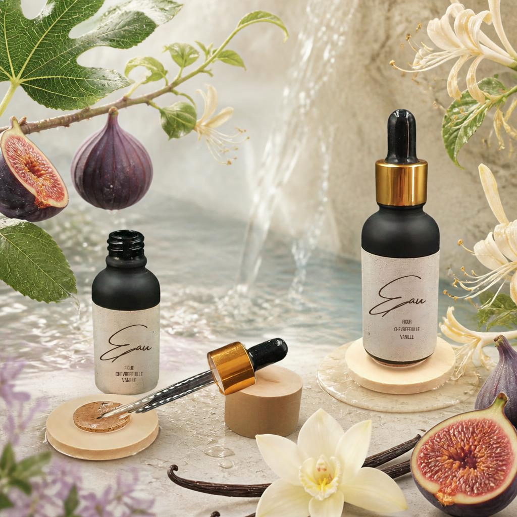 flacon pipette de 30ml de parfum d'ambiance naturel lisaart sur fond de figue chevrefeuille vanille
