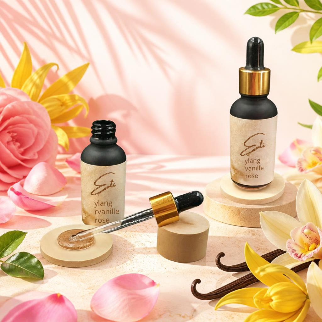 flacon pipette de 30ml de parfum d'ambiance naturel lisaart sur fond de fleurs d'ylang vanille et rose