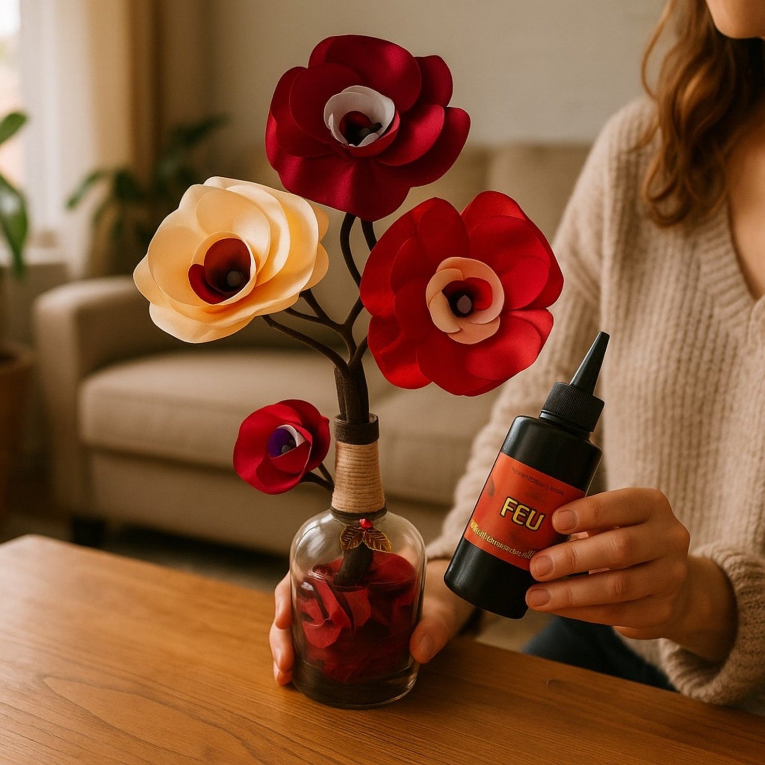 Vase décoratif avec fleur en satin création Artisanale YON + Parfum d'Ambiance Naturel