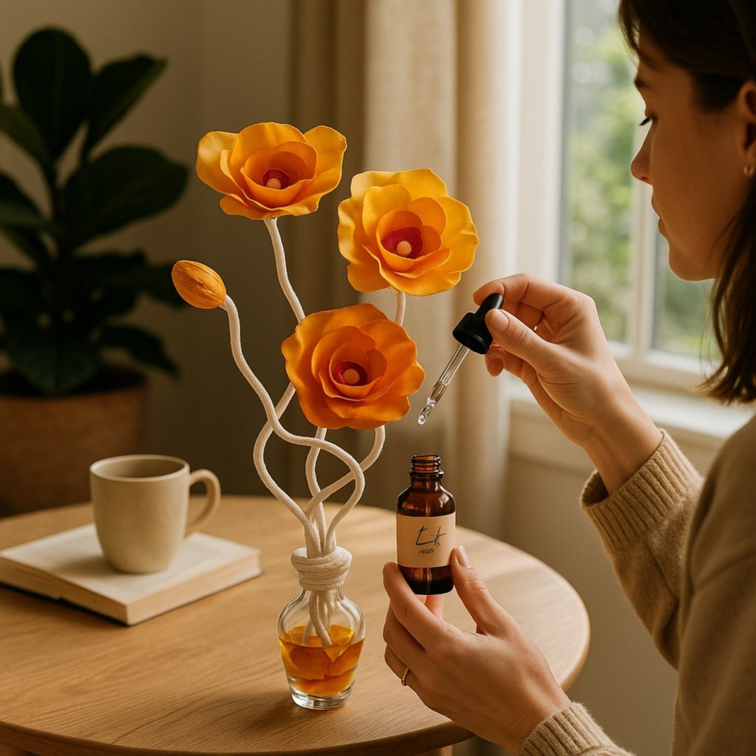 Vase décoratif avec fleur en satin création Artisanale NI + Parfum d'Ambiance Naturel