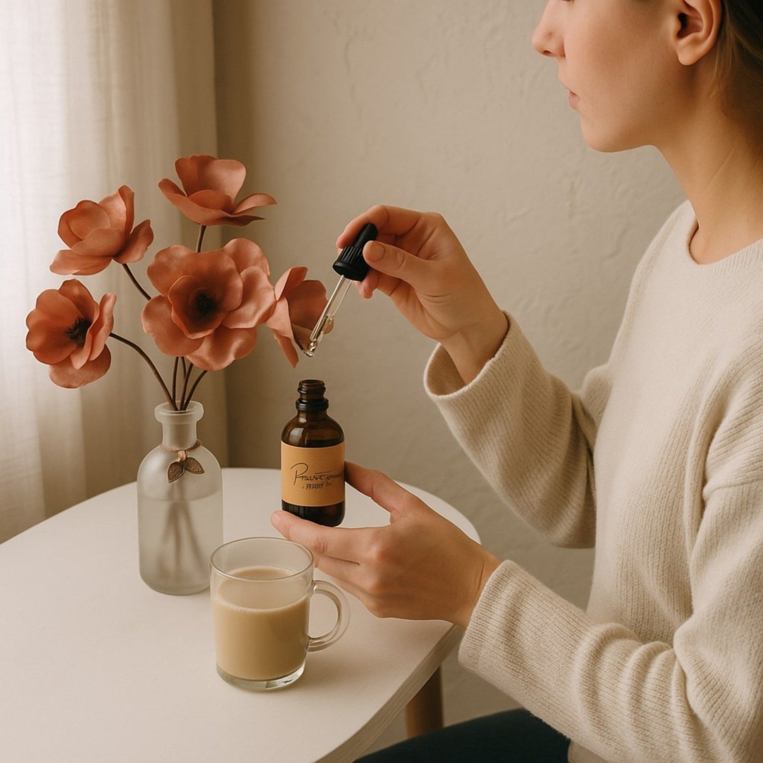 Vase décoratif avec fleur en satin création Artisanale SAN + Parfum d'Ambiance Naturel