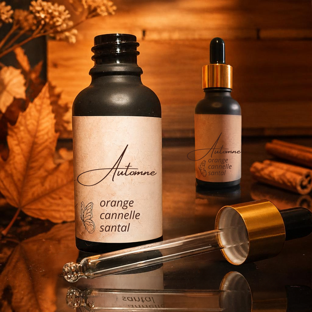 flacon pipette de 30ml de parfum d'ambiance naturel lisaart sur fond d'orange cannelle santal