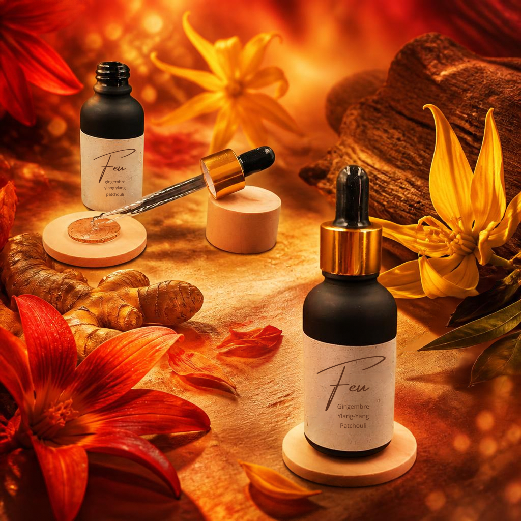 flacon pipette de 30ml de parfum d'ambiance naturel lisaart sur fond de gingembre ylang patchouli