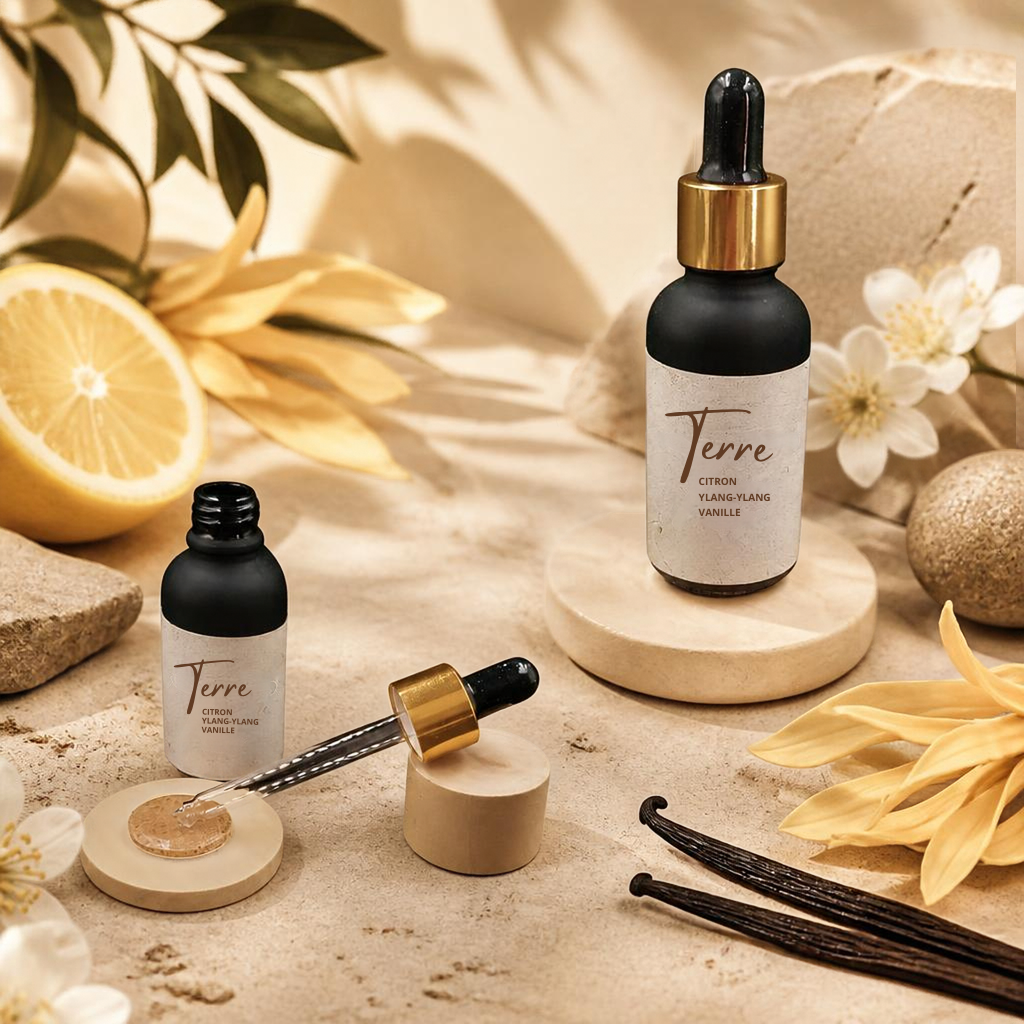 flacon pipette de 30ml de parfum d'ambiance naturel lisaart sur fond de ciron ylang vanille