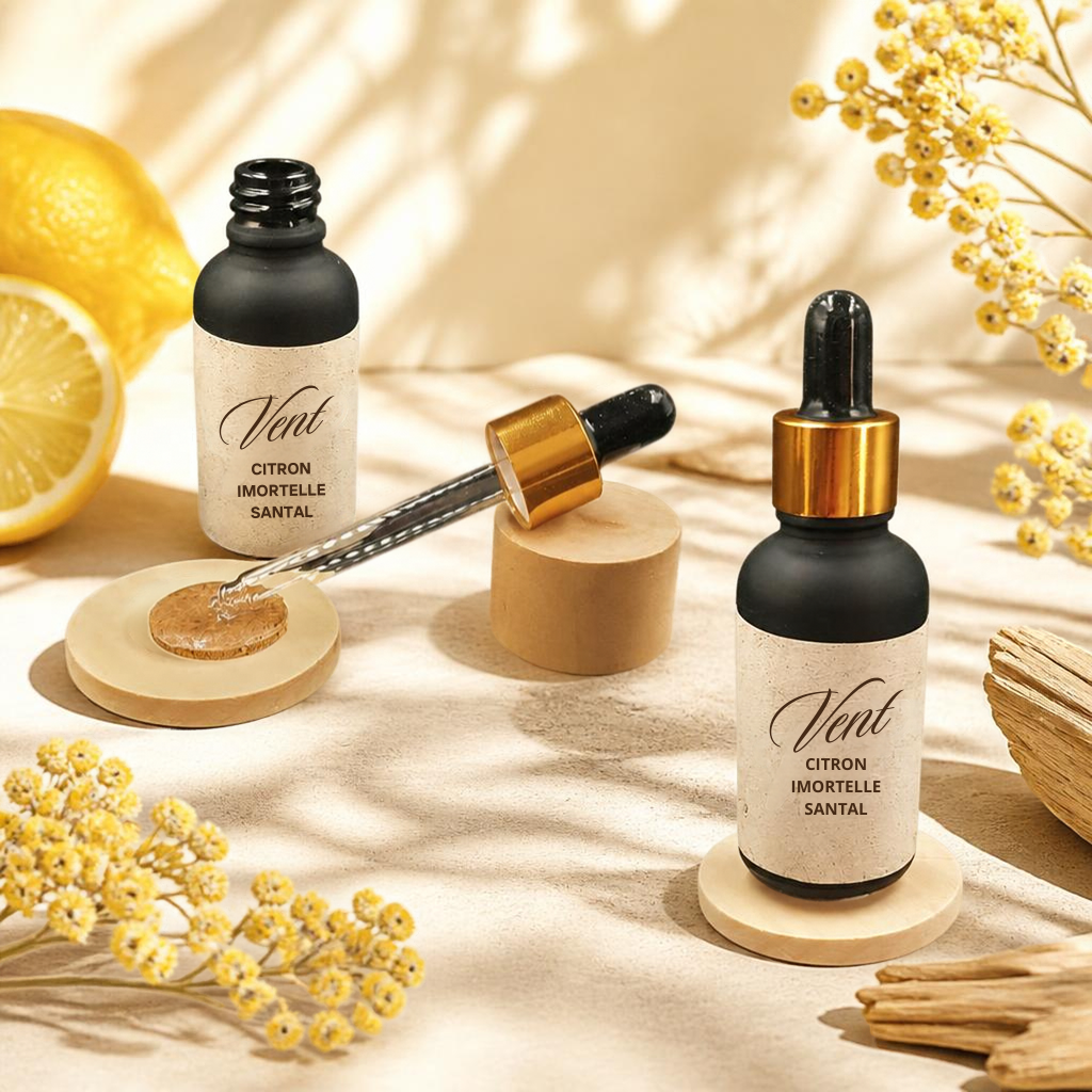 flacon pipette de 30ml de parfum d'ambiance naturel lisaart sur fond de citron immortelle santal
