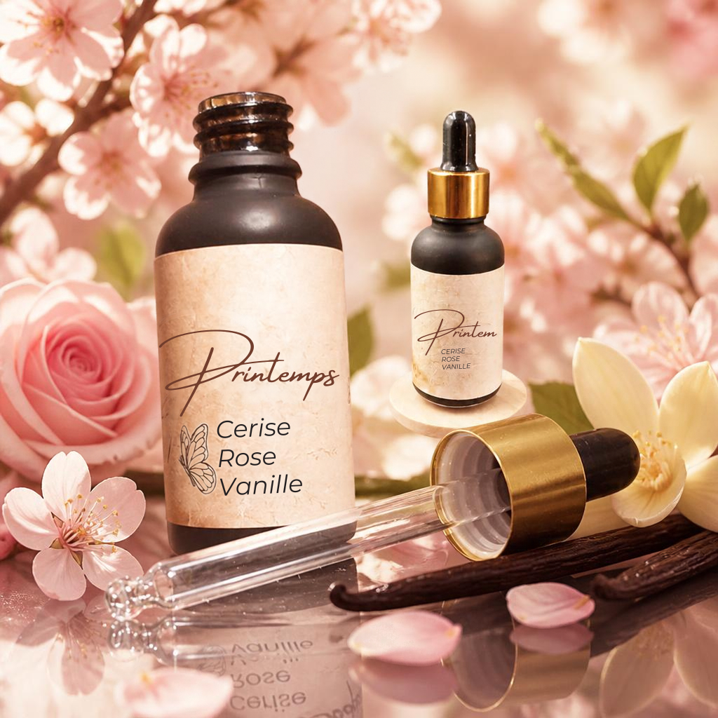 flacon pipette de 30ml de parfum d'ambiance naturel lisaart sur fond de cerise rose vanille