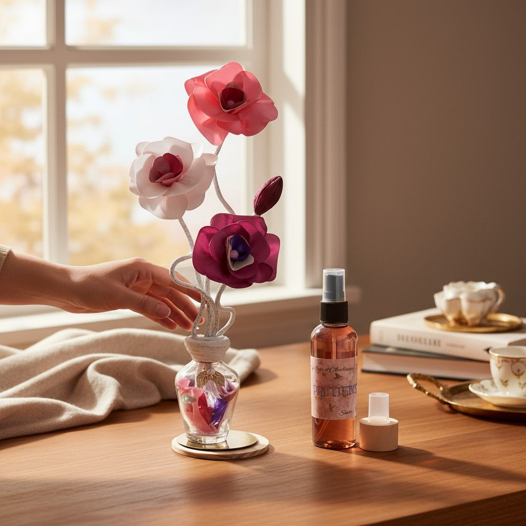  Vase décoratif artisanal NI avec fleur en satin rosé et son parfum d'ambiance printemps