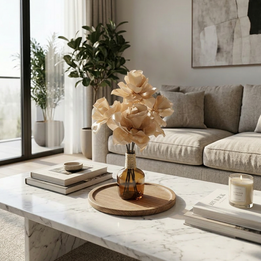 Vase décoratif artisanal beige avec fleur en satin & parfum d’ambiance naturel | Lisa Art