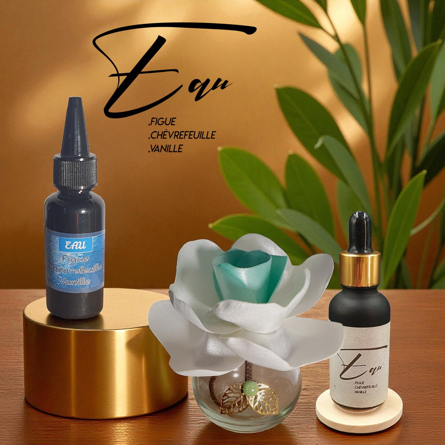 coffret diffuseur go avec fleur en satin blanc bambou son flacon de parfum eau avec recharge