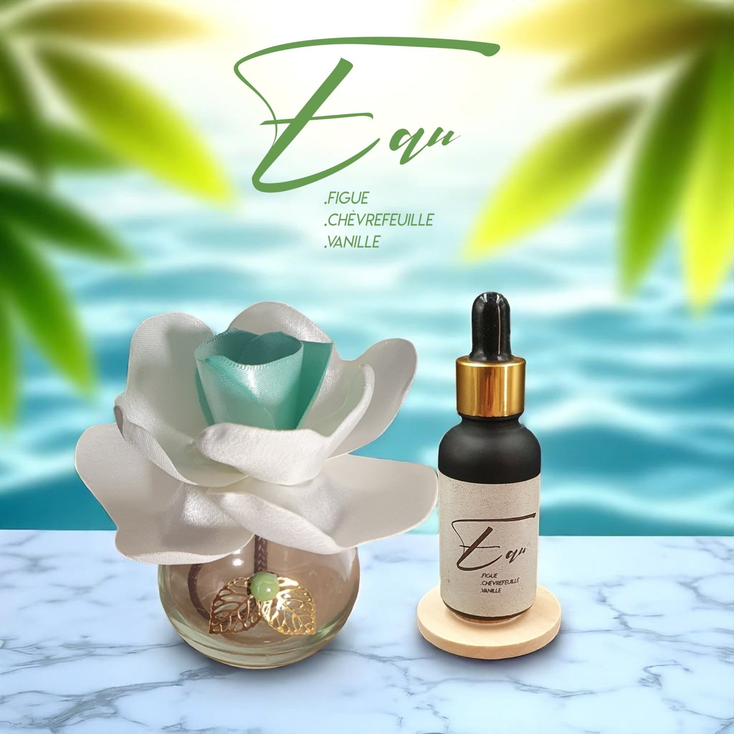 coffret diffuseur go avec sa fleur satin clair et son flacon parfum eau