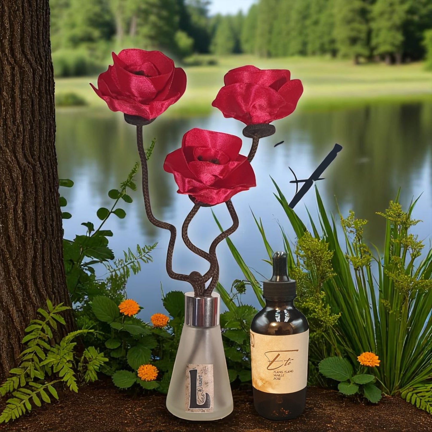 coffret fleurs PANJI rouge baiser avec parfum d'ambiance naturel l'été