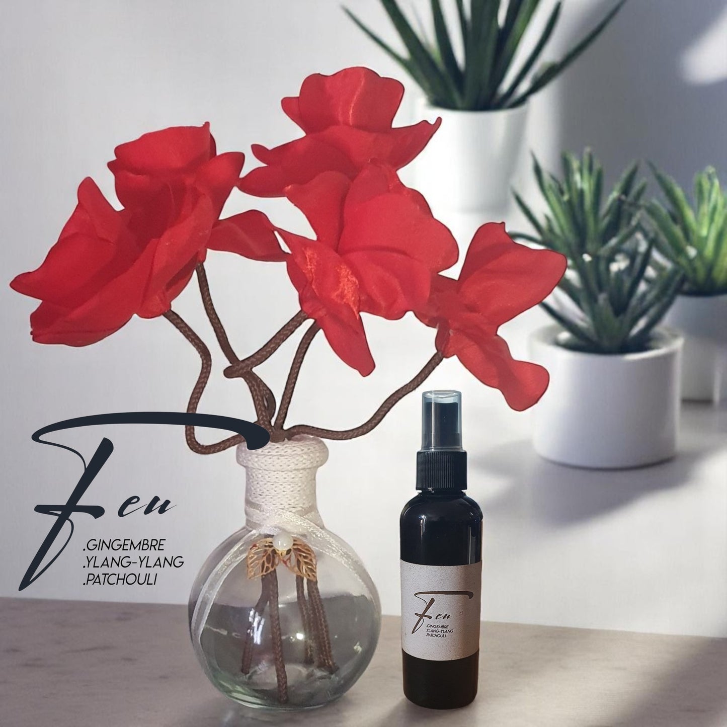 décoratif artisanal NI avec fleur en satin rouge avec son parfum d'ambiance naturel 