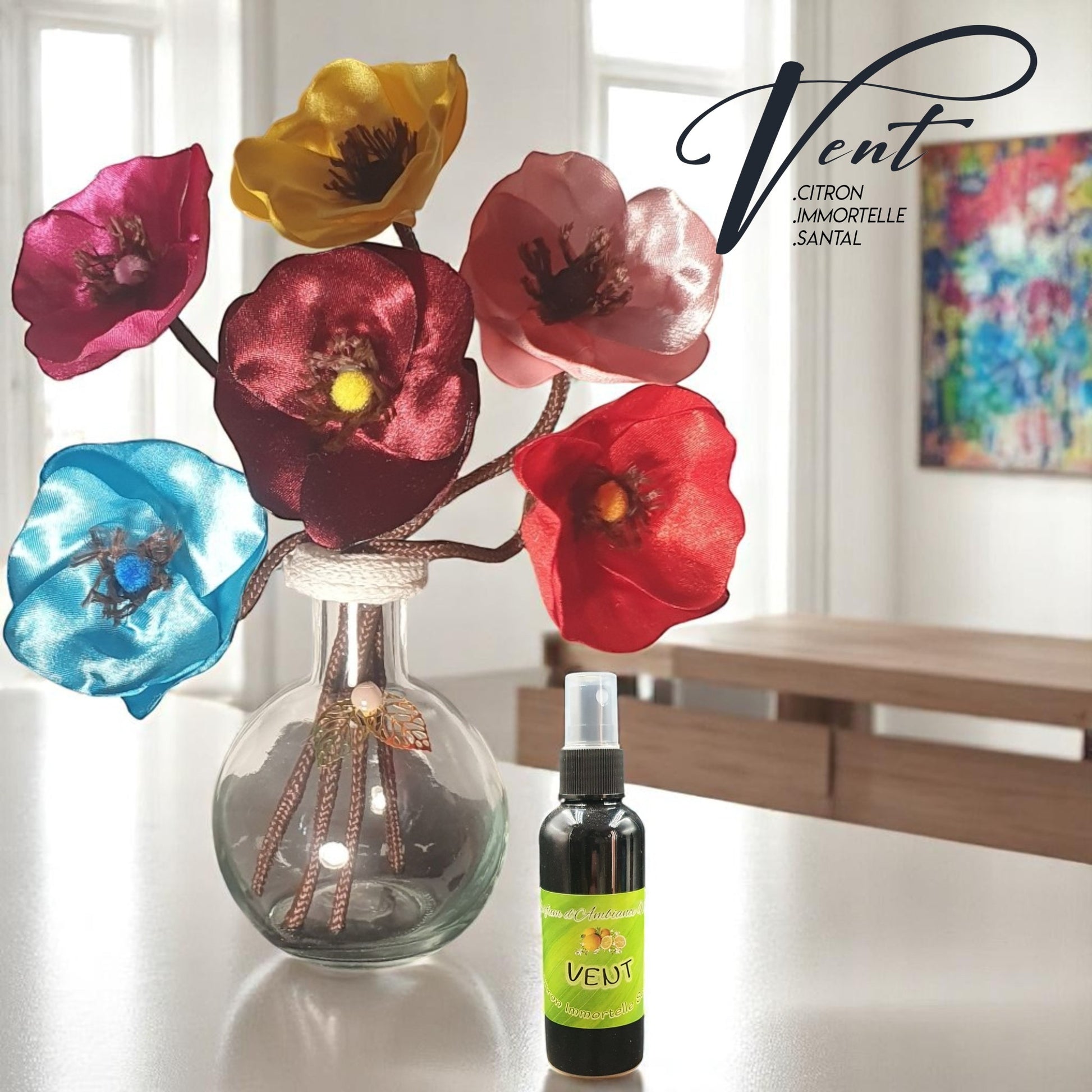 décoratif avec fleurs en satin multicolore  et spray de parfum artisanal