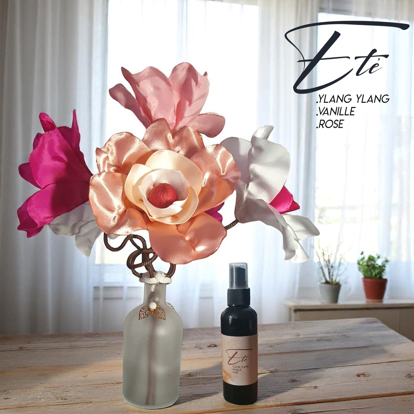 décoration SAN fleurs en satin et parfum d'ambiance artisanal été