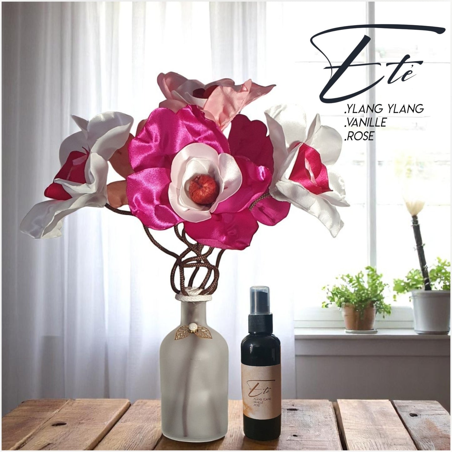 décoration SAN fleurs en satin et parfum d'ambiance en spray artisanal été