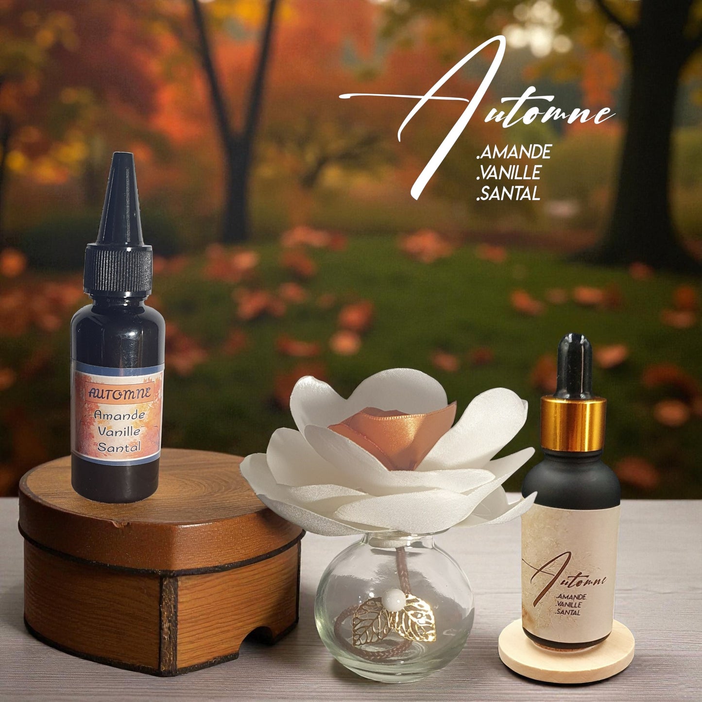 le coffret go automne avec sa belle fleur blanche en satin  son parfum d'automne
